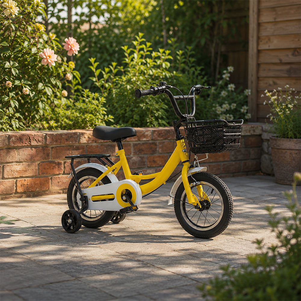 VOLTUS Kids Bicycle with Training Wheels Front Basket and Rear Rack for Beginner Riders - Yellow