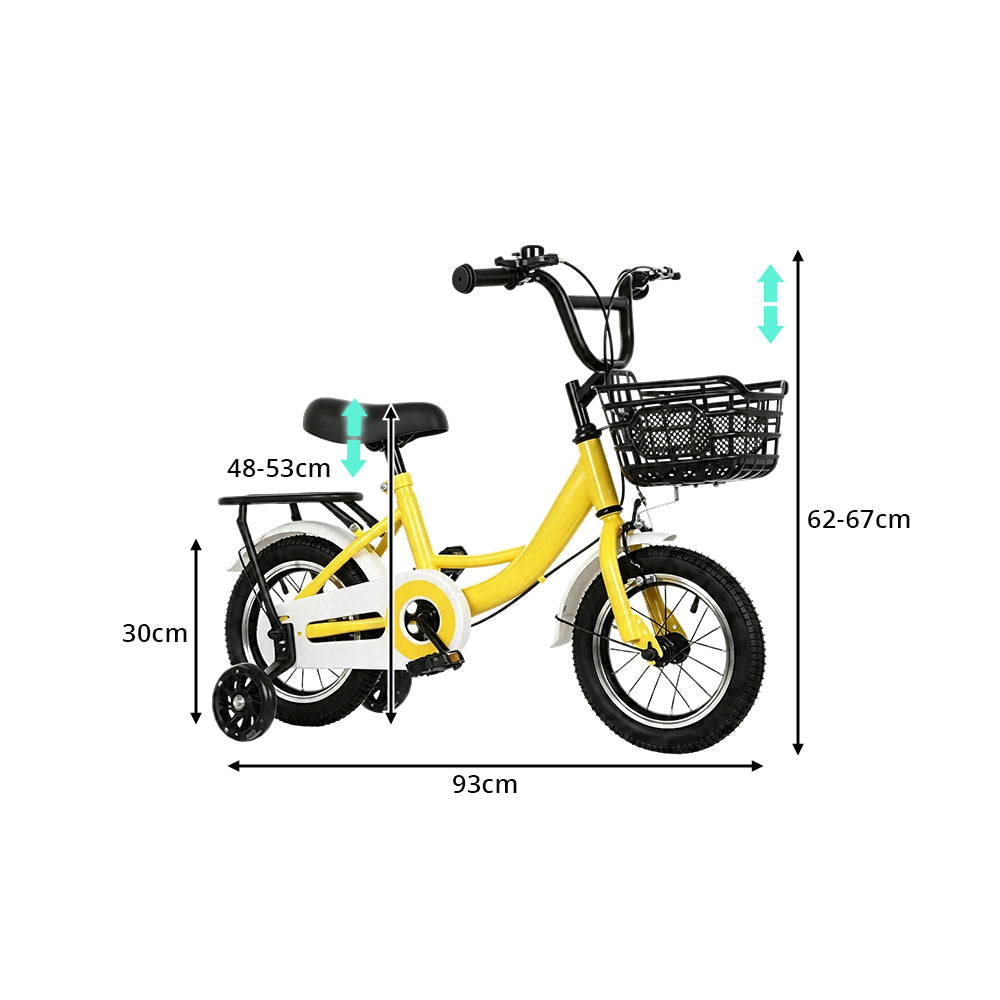 VOLTUS Kids Bicycle with Training Wheels Front Basket and Rear Rack for Beginner Riders - Yellow