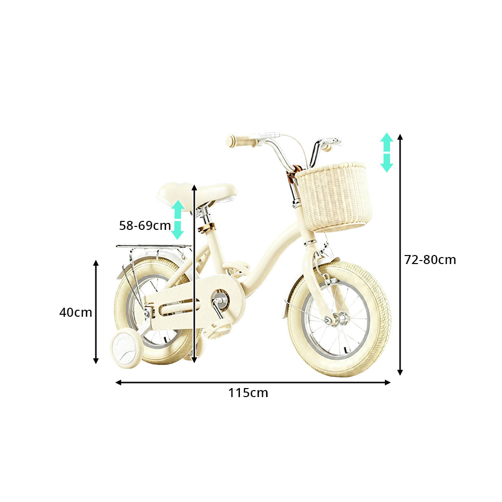 VOLTUS Vintage Kids Bicycle with Training Wheels Front Basket and Rear Rack for Beginner Riders - Cream