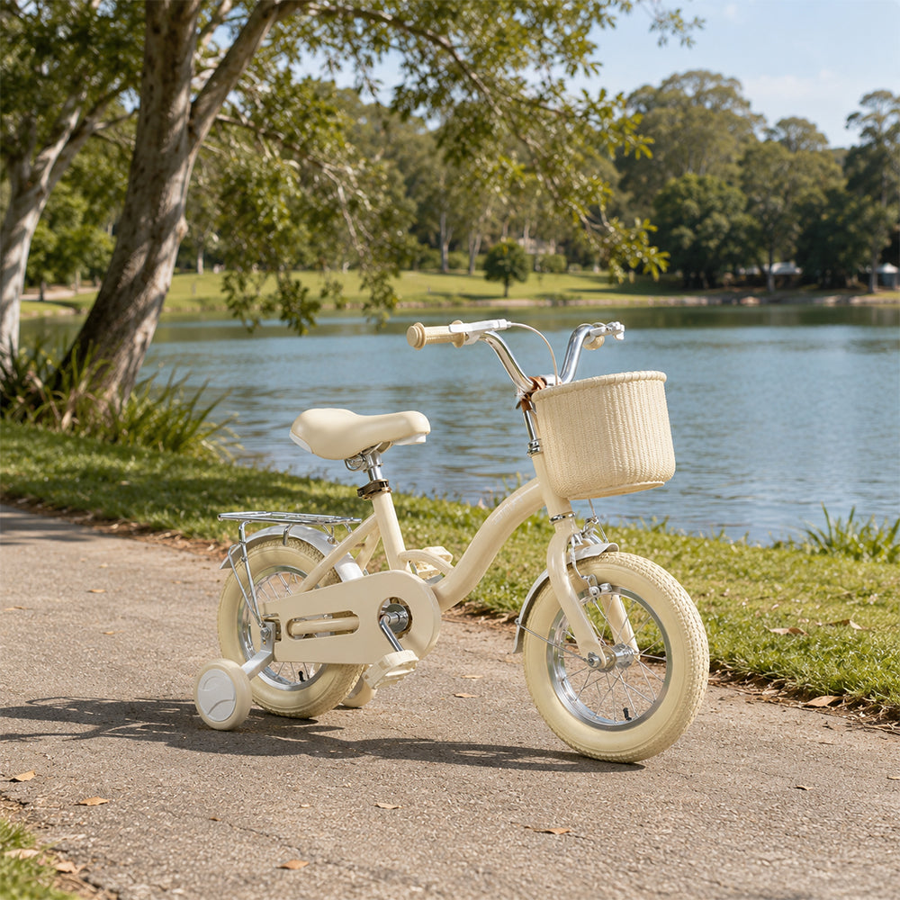 VOLTUS Vintage Kids Bicycle with Training Wheels Front Basket and Rear Rack for Beginner Riders - Cream