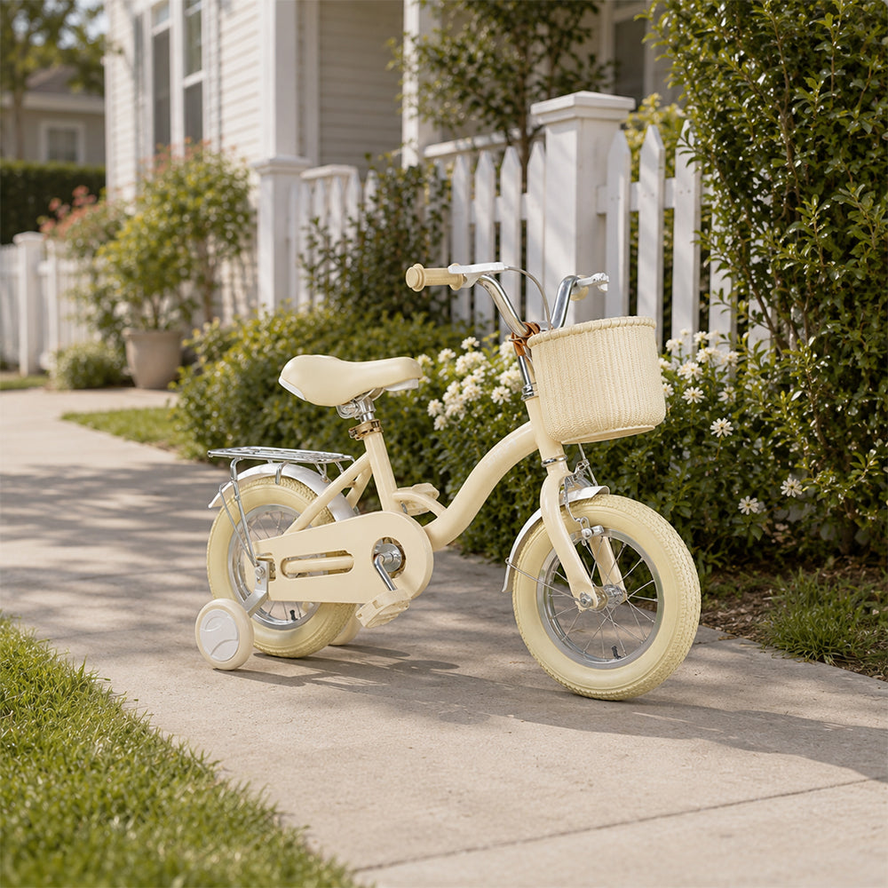 VOLTUS Vintage Kids Bicycle with Training Wheels Front Basket and Rear Rack for Beginner Riders - Cream