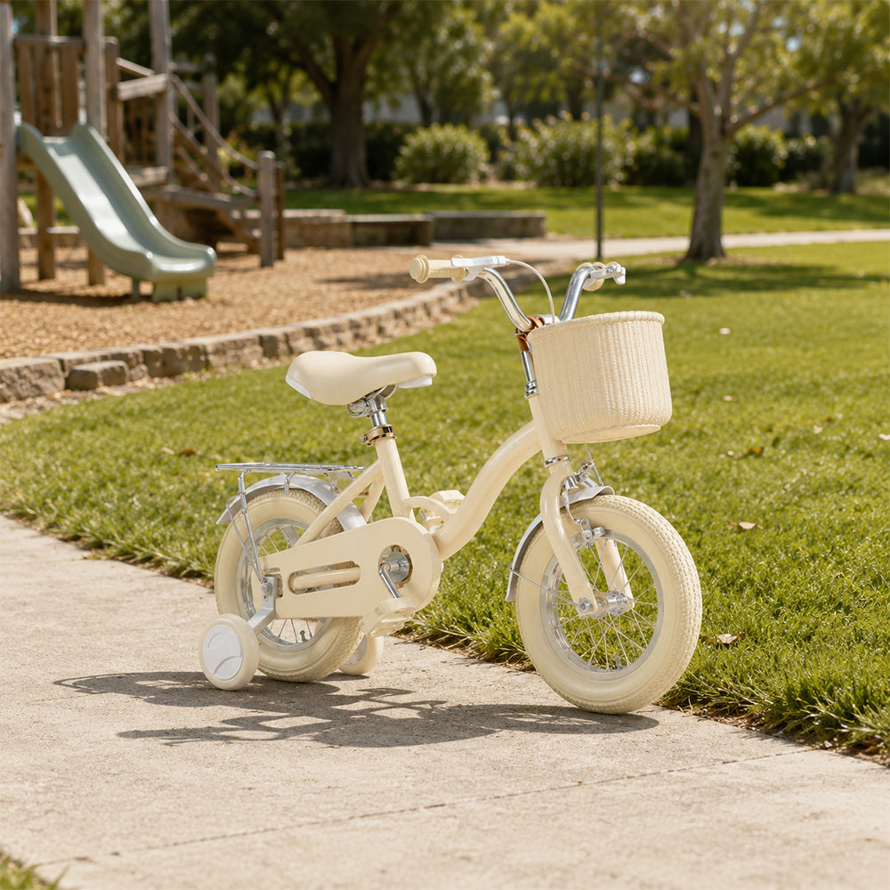 VOLTUS Vintage Kids Bicycle with Training Wheels Front Basket and Rear Rack for Beginner Riders - Cream