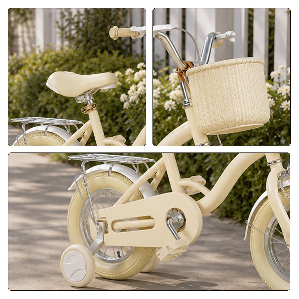 VOLTUS Vintage Kids Bicycle with Training Wheels Front Basket and Rear Rack for Beginner Riders - Cream
