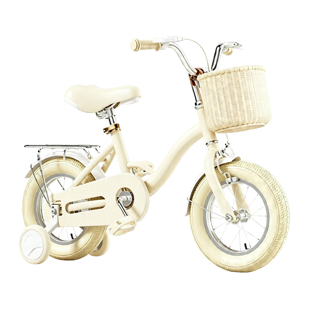 VOLTUS Vintage Kids Bicycle with Training Wheels Front Basket and Rear Rack for Beginner Riders - Cream