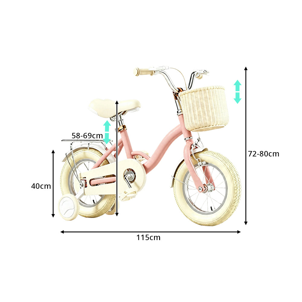 VOLTUS Vintage Kids Bicycle with Training Wheels Front Basket and Rear Rack for Beginner Riders - Pink