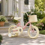 VOLTUS Vintage Kids Bicycle with Training Wheels Front Basket and Rear Rack for Beginner Riders - Pink