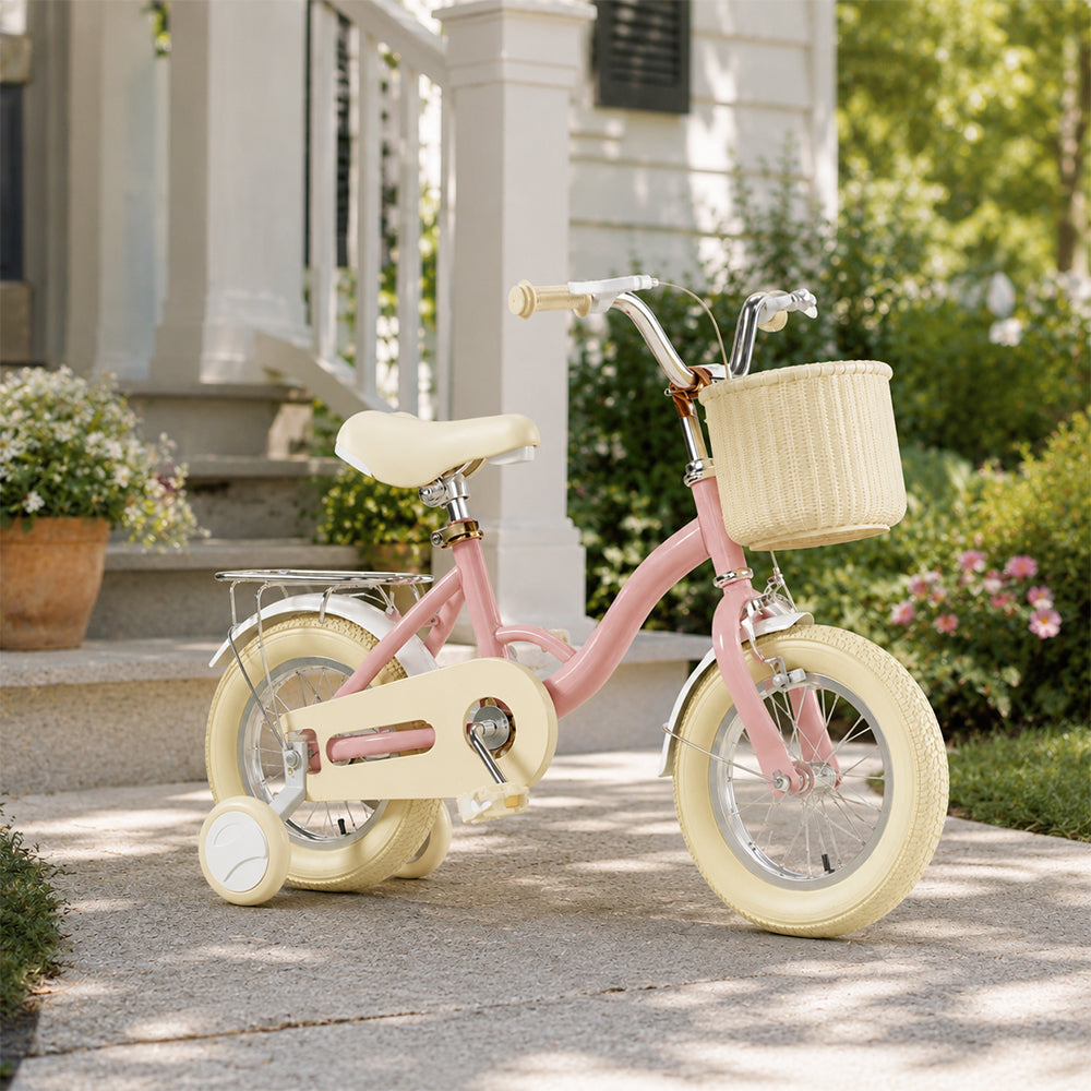 VOLTUS Vintage Kids Bicycle with Training Wheels Front Basket and Rear Rack for Beginner Riders - Pink