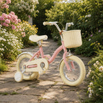 VOLTUS Vintage Kids Bicycle with Training Wheels Front Basket and Rear Rack for Beginner Riders - Pink
