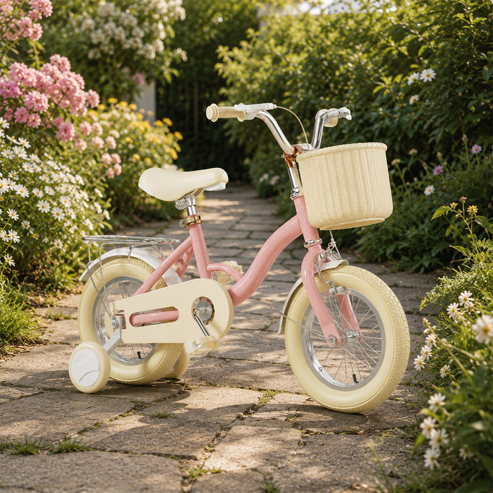 VOLTUS Vintage Kids Bicycle with Training Wheels Front Basket and Rear Rack for Beginner Riders - Pink