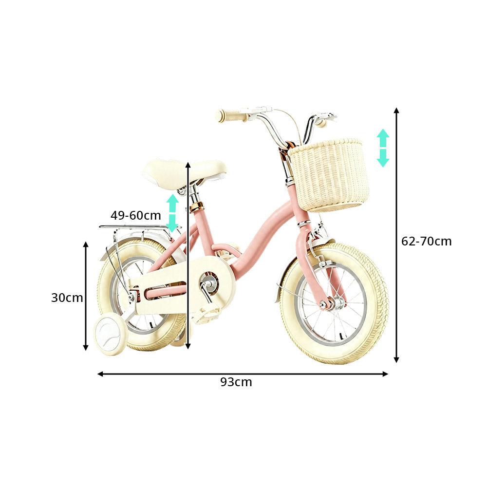 VOLTUS Vintage Kids Bicycle with Training Wheels Front Basket and Rear Rack for Beginner Riders - Pink
