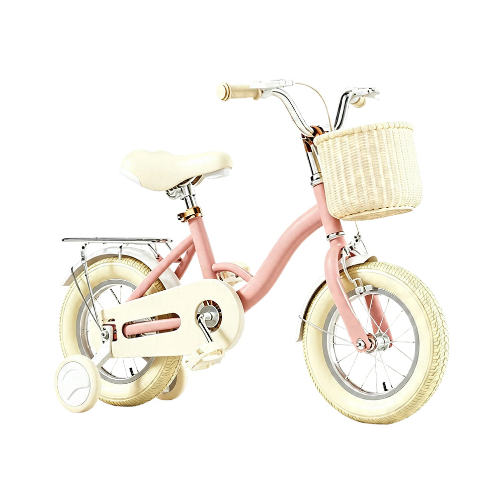 VOLTUS Vintage Kids Bicycle with Training Wheels Front Basket and Rear Rack for Beginner Riders - Pink