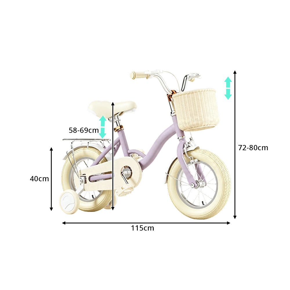 VOLTUS Vintage Kids Bicycle with Training Wheels Front Basket and Rear Rack for Beginner Riders - Purple