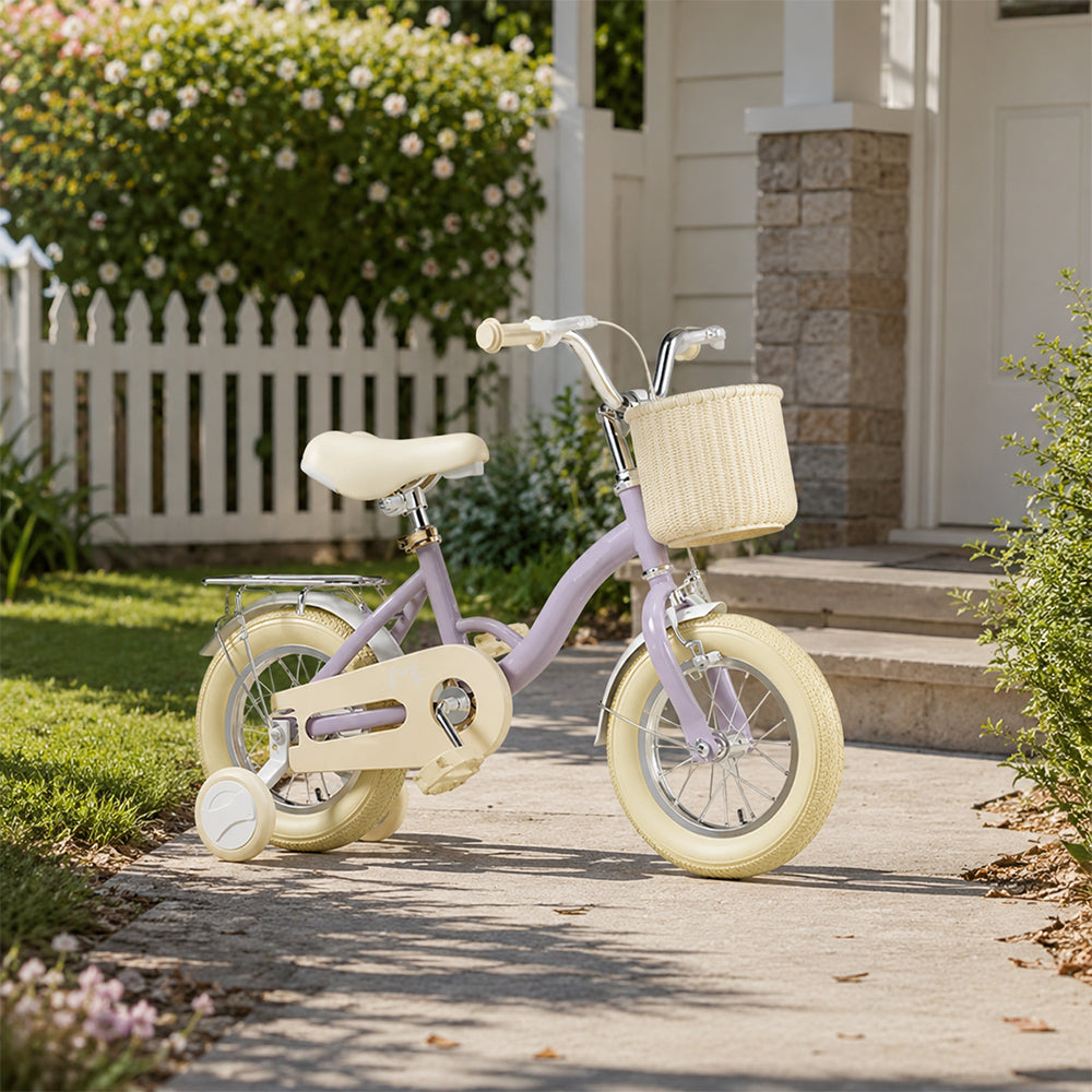 VOLTUS Vintage Kids Bicycle with Training Wheels Front Basket and Rear Rack for Beginner Riders - Purple