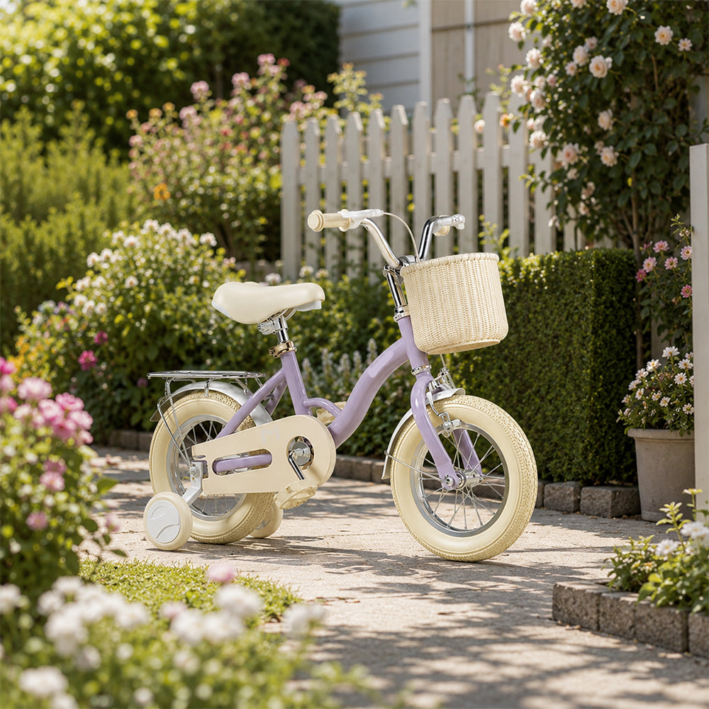 VOLTUS Vintage Kids Bicycle with Training Wheels Front Basket and Rear Rack for Beginner Riders - Purple