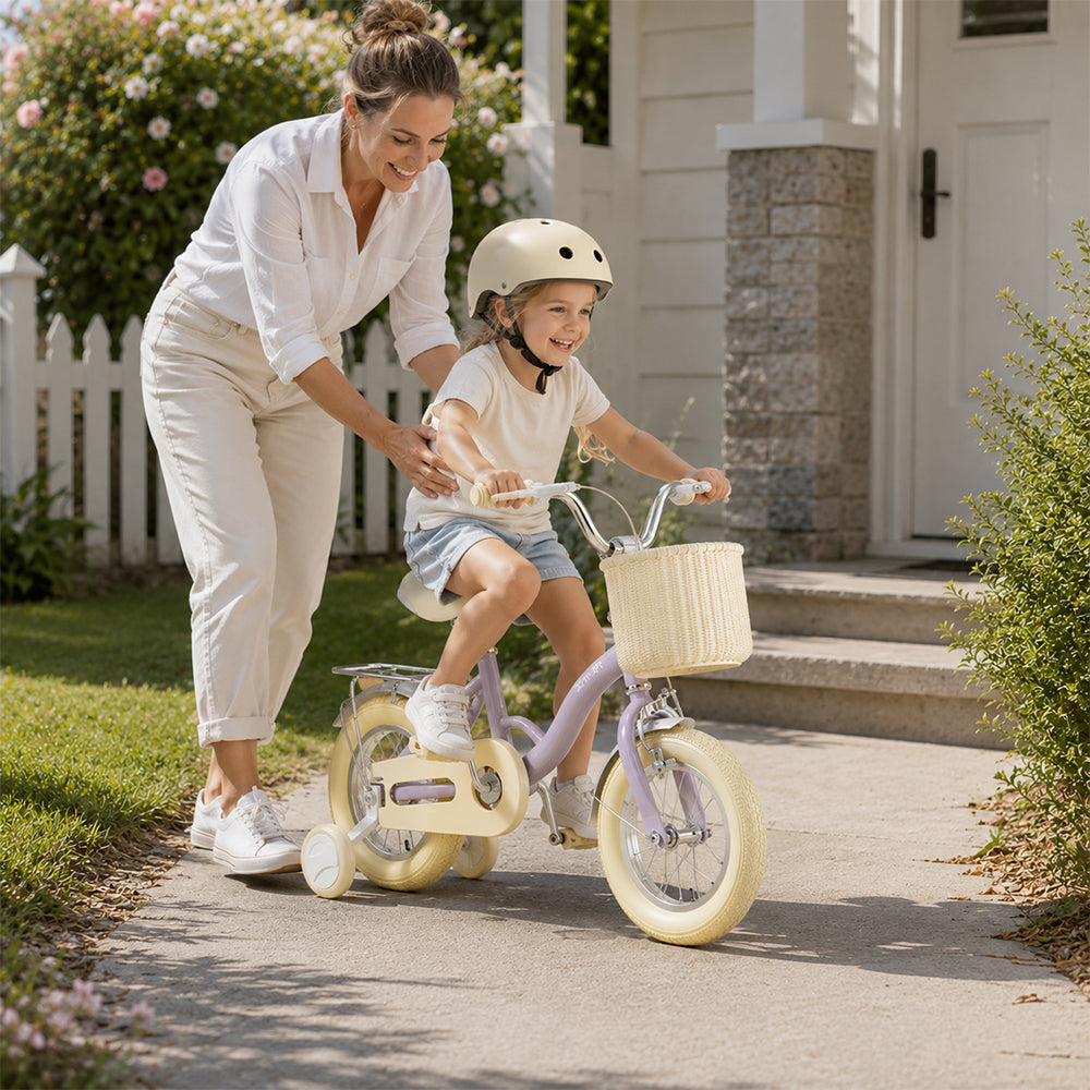 VOLTUS Vintage Kids Bicycle with Training Wheels Front Basket and Rear Rack for Beginner Riders - Purple