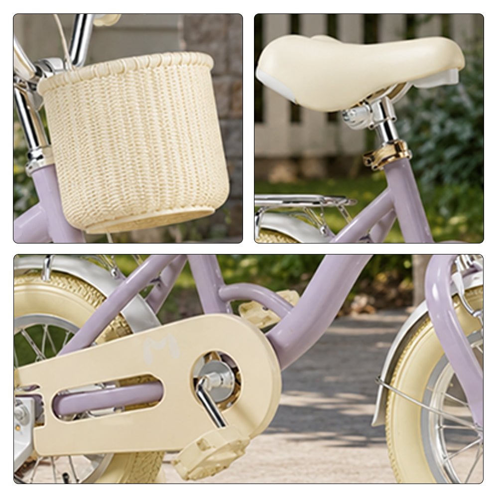 VOLTUS Vintage Kids Bicycle with Training Wheels Front Basket and Rear Rack for Beginner Riders - Purple