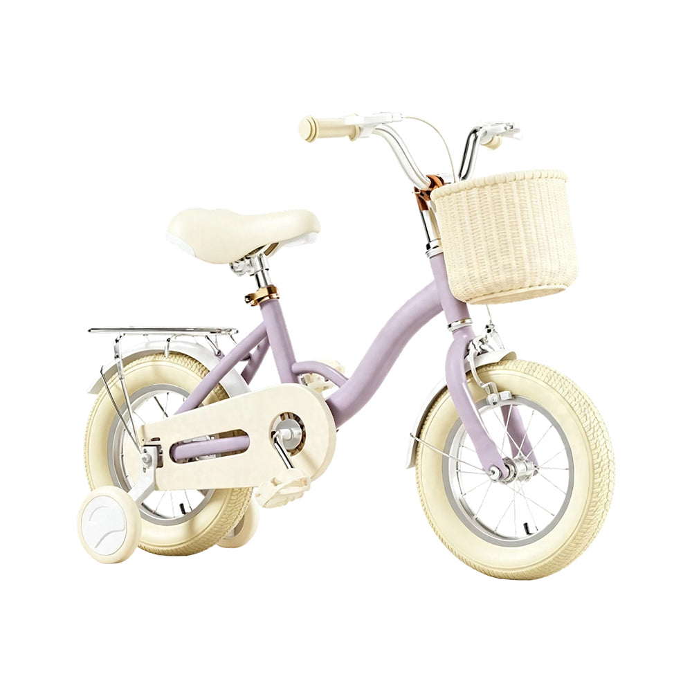 VOLTUS Vintage Kids Bicycle with Training Wheels Front Basket and Rear Rack for Beginner Riders - Purple