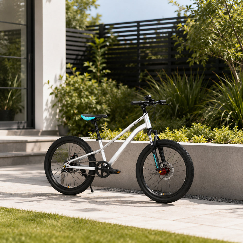 VOLTUS Kids Mountain Bike with Dual Suspension Disc Brakes and Gear Shift for Outdoor Riding - White