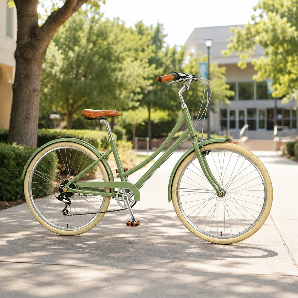 VOLTUS City Bike - Vintage Step-Through Bicycle with Comfortable Riding Design for Leisure Cycling & Commuting - Forest Green