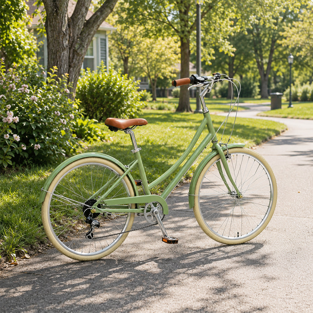 VOLTUS City Bike - Vintage Step-Through Bicycle with Comfortable Riding Design for Leisure Cycling & Commuting - Forest Green