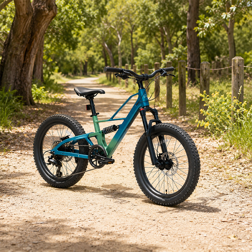 VOLTUS Fat Tire Mountain Bike - Full Suspension Electric Style Frame, Wide Tyres for Outdoor Trail Riding & Adventure - Blue Green