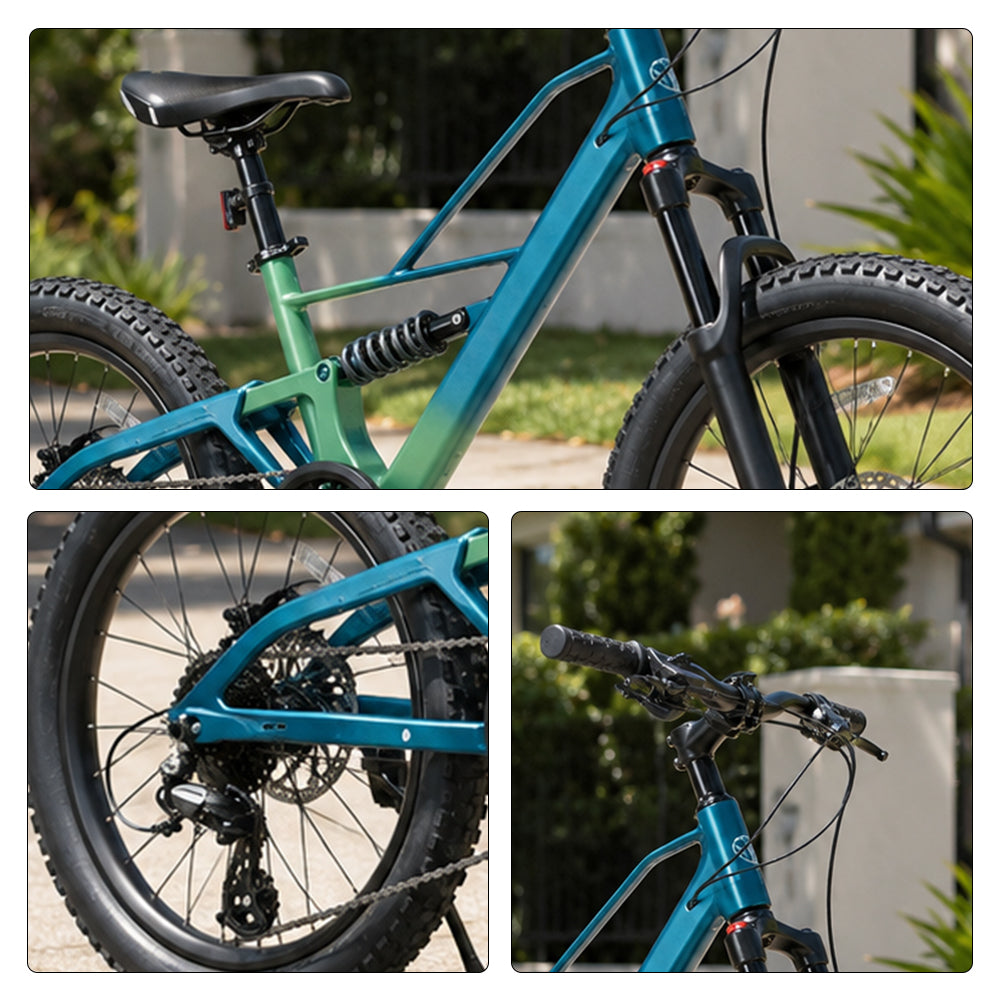 VOLTUS Fat Tire Mountain Bike - Full Suspension Electric Style Frame, Wide Tyres for Outdoor Trail Riding & Adventure - Blue Green