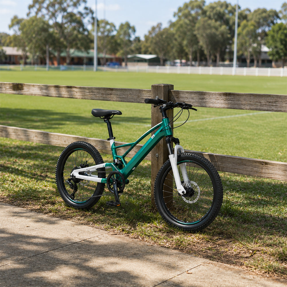 VOLTUS 20-Inch Kids Magnesium Alloy Mountain Bike with Full Suspension, Shimano Gears and Dual Disc Brakes - Mars Green
