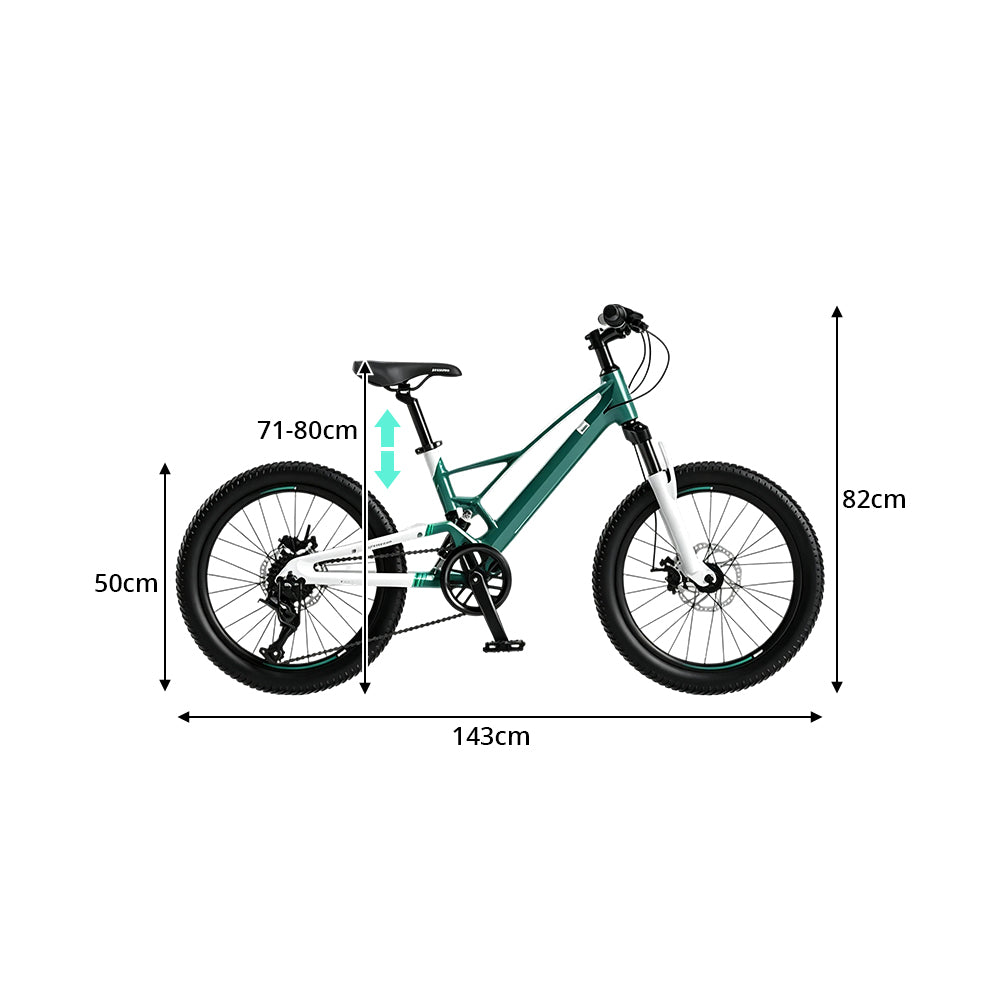 VOLTUS 20-Inch Kids Magnesium Alloy Mountain Bike with Full Suspension, Shimano Gears and Dual Disc Brakes - Mars Green