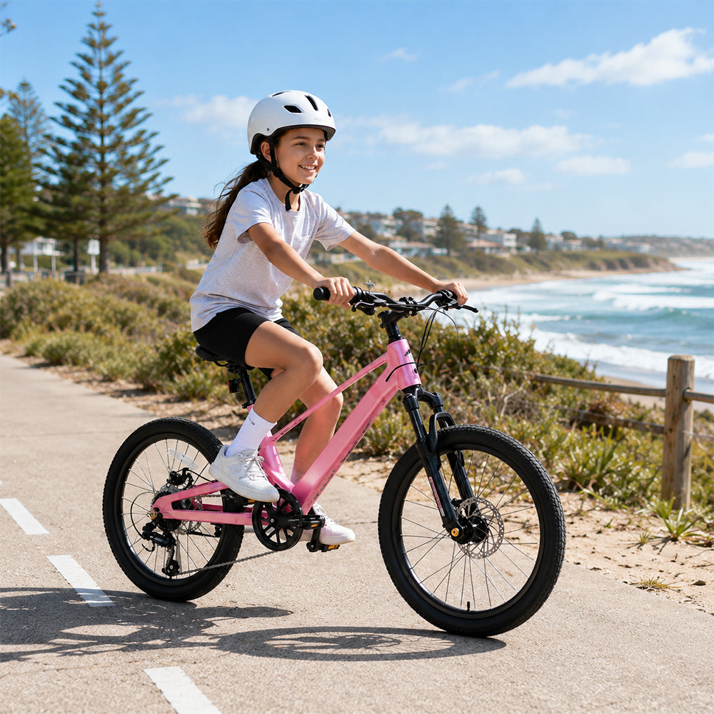 VOLTUS Youth Mountain Bike with Front Suspension, Multi-Speed Gears and Dual Disc Brakes - Pink