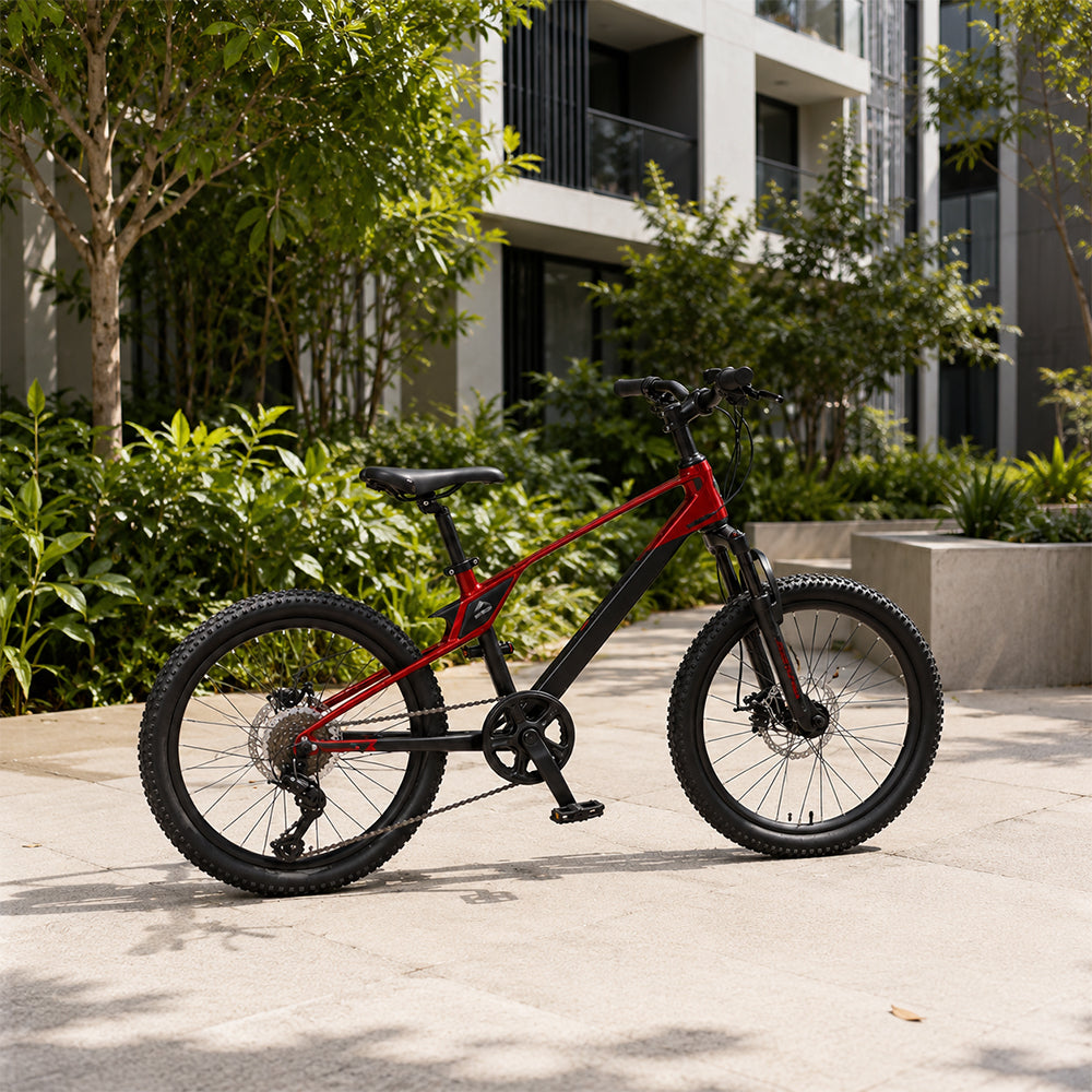 VOLTUS Youth Mountain Bike with Front Suspension, Dual Disc Brakes and Wide All-Terrain Tyres - Red & Black