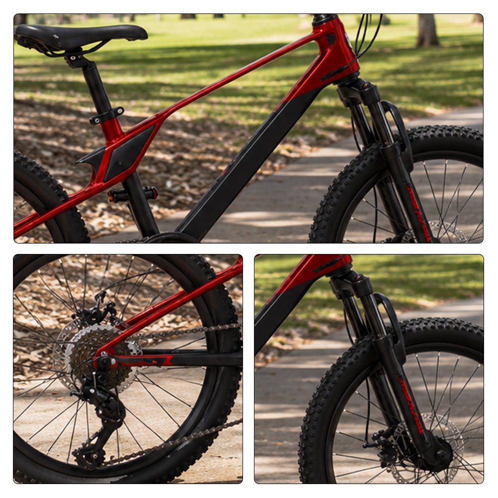 VOLTUS Youth Mountain Bike with Front Suspension, Dual Disc Brakes and Wide All-Terrain Tyres - Red & Black