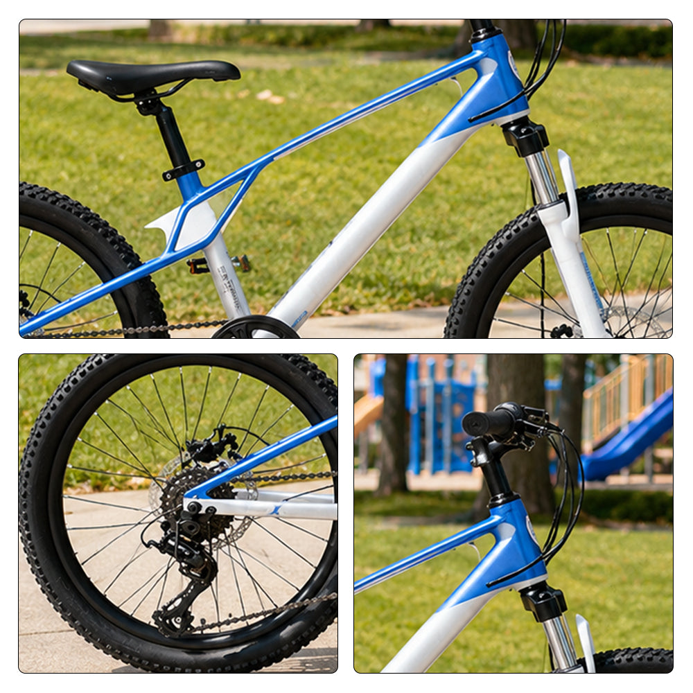 VOLTUS Youth Mountain Bike with Front Suspension, Dual Disc Brakes and Wide All-Terrain Tyres - Silver & Blue