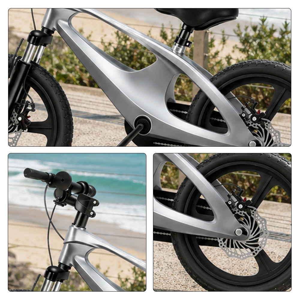 VOLTUS 12/18 Inch Kids Mountain Bike with Magnesium Alloy Frame, Dual Disc Brake, Suspension Fork and Integrated Wheels - Tech Silver