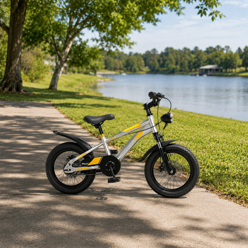 VOLTUS 14 Inch Kids Mountain Bike with Dual Disc Brake, Suspension Fork and Integrated Wheels for Outdoor Riding - Tech Silver