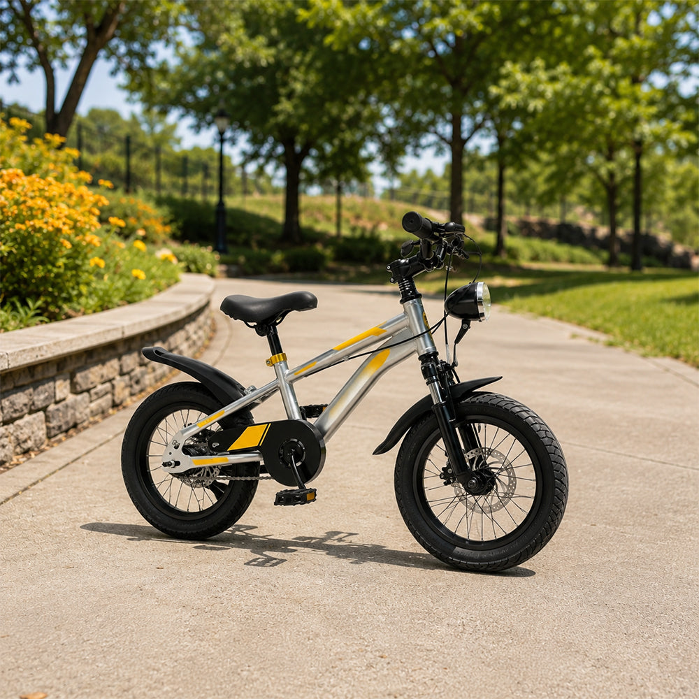 VOLTUS 14 Inch Kids Mountain Bike with Dual Disc Brake, Suspension Fork and Integrated Wheels for Outdoor Riding - Tech Silver