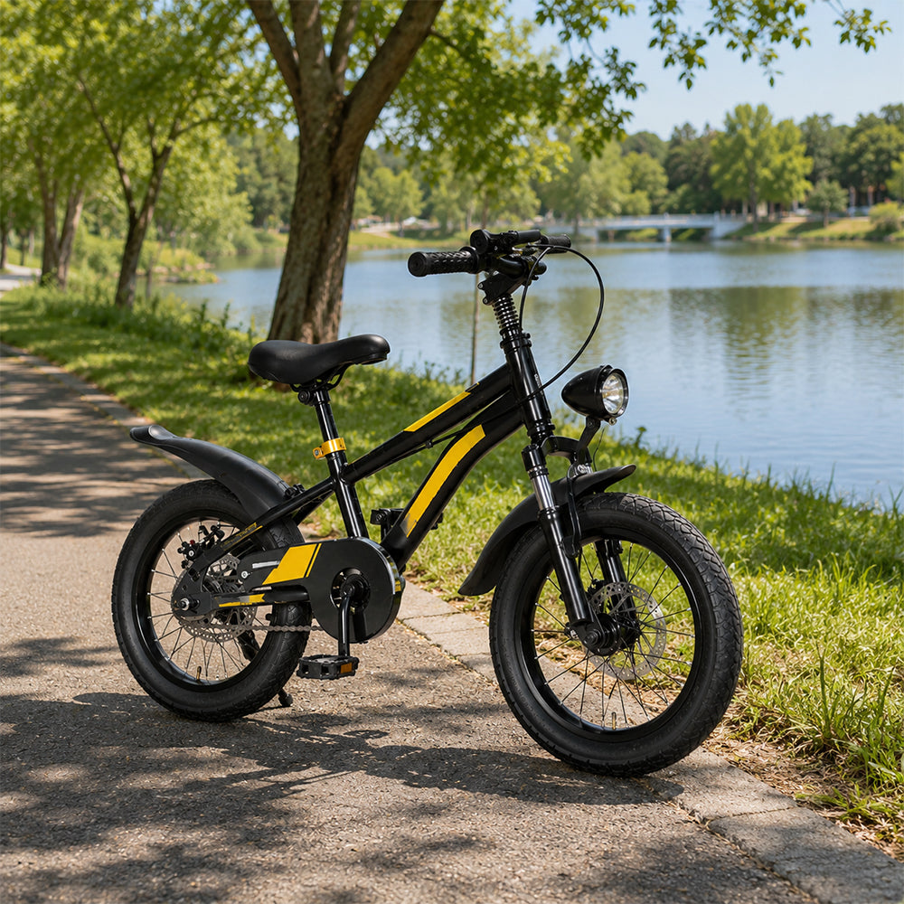 VOLTUS 14 Inch Kids Mountain Bike with Dual Disc Brake, Suspension Fork and Integrated Wheels for Outdoor Riding - Black
