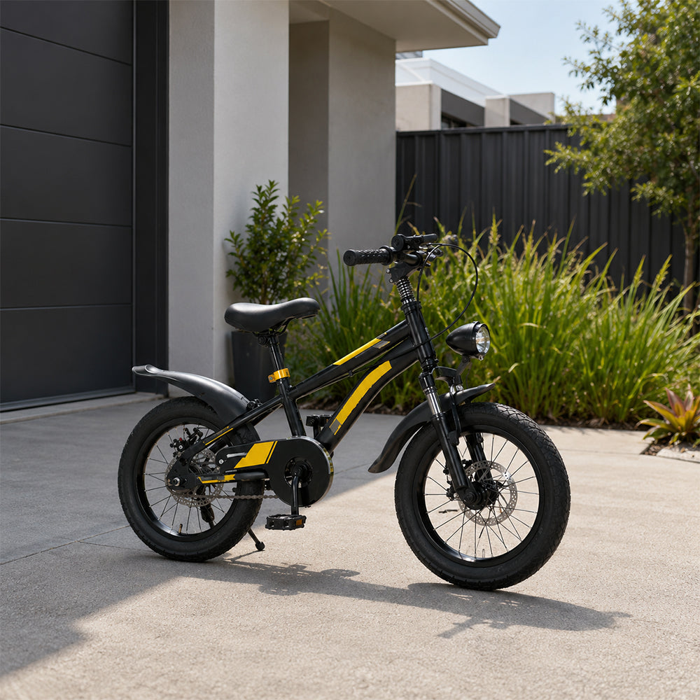 VOLTUS 14 Inch Kids Mountain Bike with Dual Disc Brake, Suspension Fork and Integrated Wheels for Outdoor Riding - Black