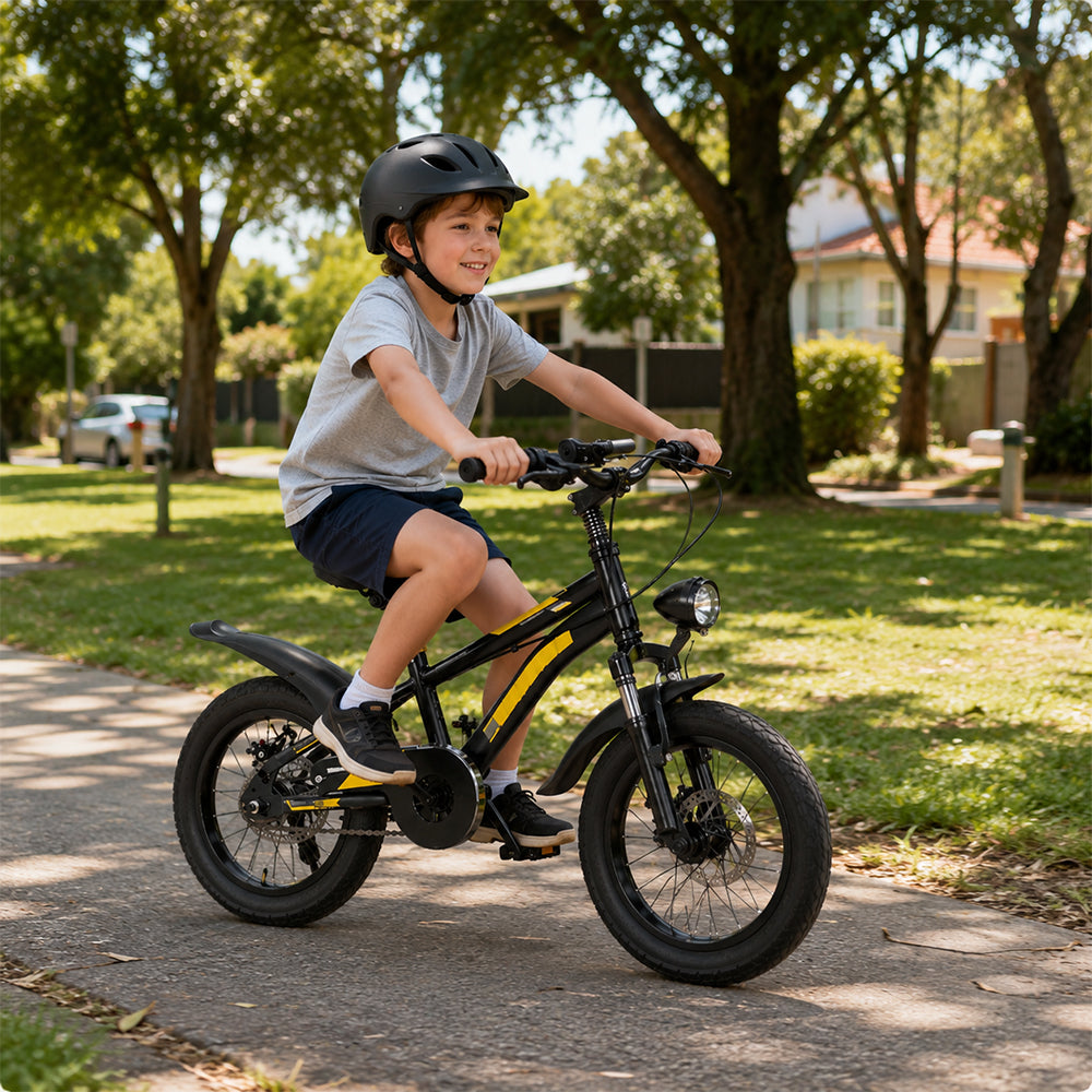 VOLTUS 14 Inch Kids Mountain Bike with Dual Disc Brake, Suspension Fork and Integrated Wheels for Outdoor Riding - Black