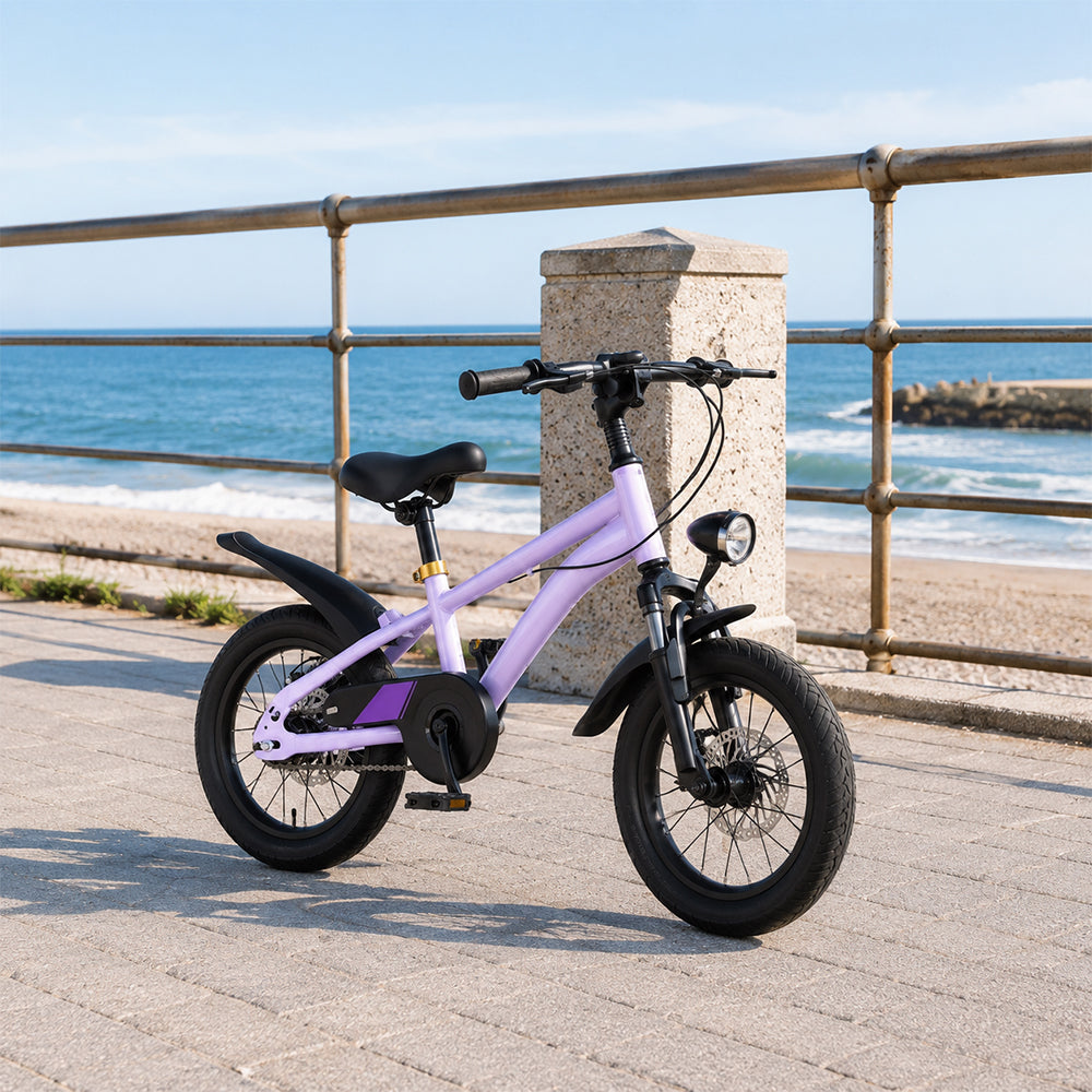 VOLTUS 14 Inch Kids Mountain Bike with Dual Disc Brake, Suspension Fork and Integrated Wheels for Outdoor Riding - Purple
