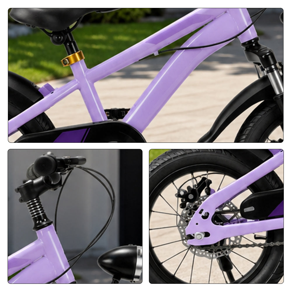 VOLTUS 14 Inch Kids Mountain Bike with Dual Disc Brake, Suspension Fork and Integrated Wheels for Outdoor Riding - Purple