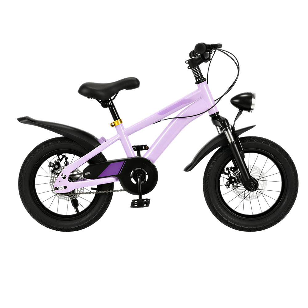 VOLTUS 14 Inch Kids Mountain Bike with Dual Disc Brake, Suspension Fork and Integrated Wheels for Outdoor Riding - Purple