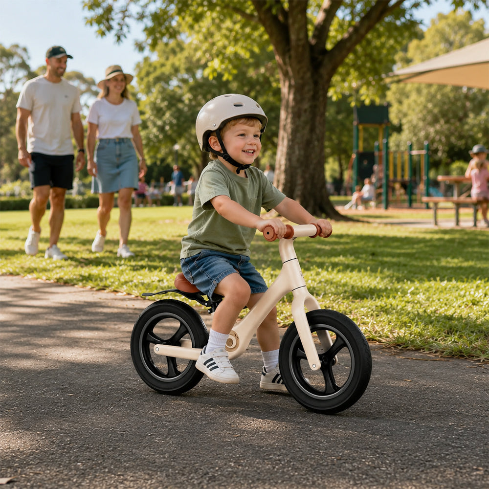 VOLTUS 12 Inch Kids Balance Bike with Nylon Frame, Lightweight Design and Adjustable Saddle for Early Riding Training - Milk Coffee White