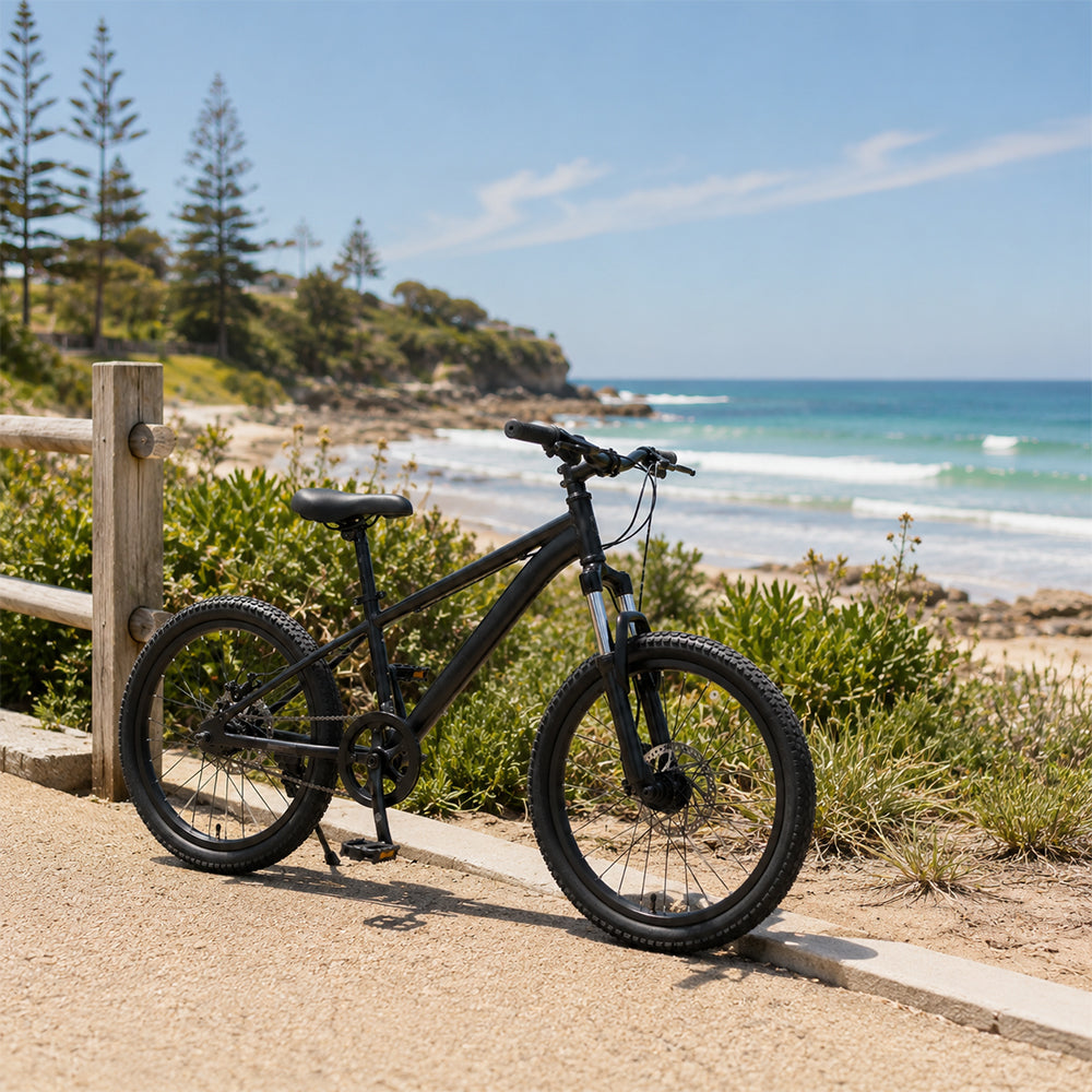 VOLTUS 24 Inch Youth Mountain Bike with 7-Speed Gear System, Disc Brake and Suspension Fork for Outdoor Riding - Black
