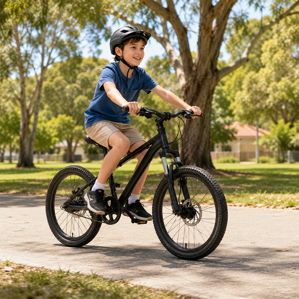 VOLTUS 24 Inch Youth Mountain Bike with 7-Speed Gear System, Disc Brake and Suspension Fork for Outdoor Riding - Black