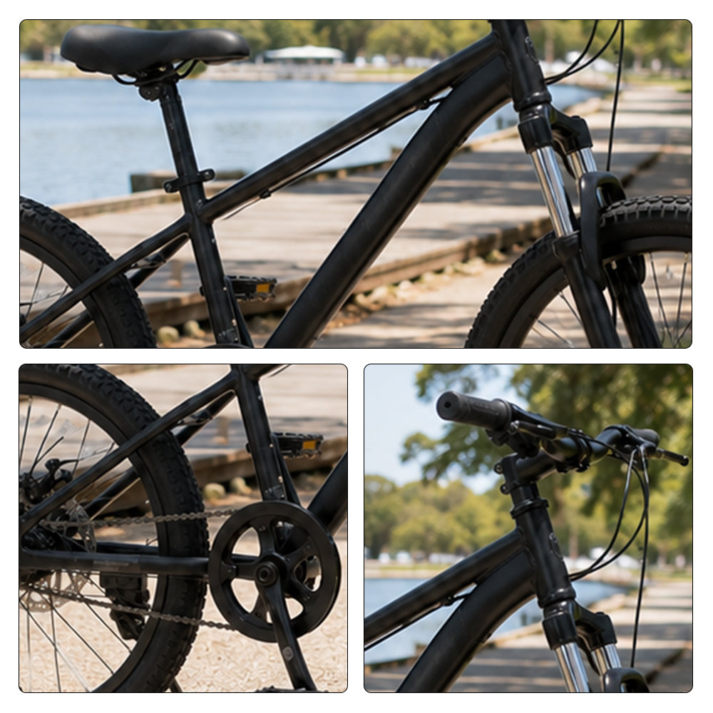 VOLTUS 24 Inch Youth Mountain Bike with 7-Speed Gear System, Disc Brake and Suspension Fork for Outdoor Riding - Black