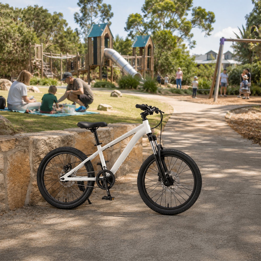 VOLTUS 20 Inch Youth Mountain Bike with Single-Speed Drivetrain, Disc Brakes and Suspension Fork for Outdoor Riding - White