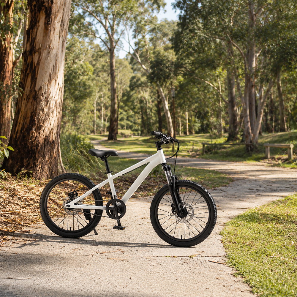 VOLTUS 20 Inch Youth Mountain Bike with Single-Speed Drivetrain, Disc Brakes and Suspension Fork for Outdoor Riding - White