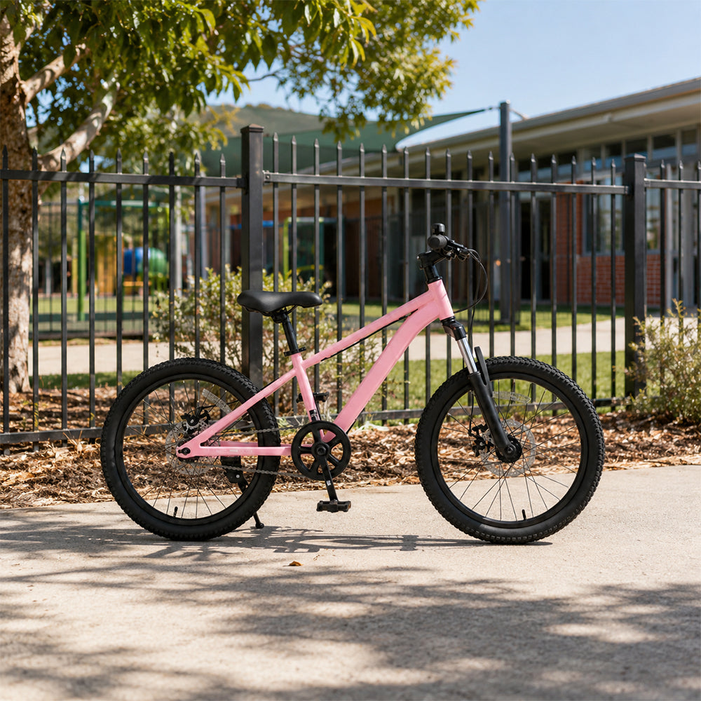 VOLTUS 20/24 Inch Youth Mountain Bike with Single-Speed Drive, Dual Disc Brakes and Suspension Fork for Outdoor Riding - Pink