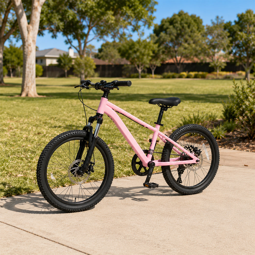 VOLTUS 20/24 Inch Youth Mountain Bike with Single-Speed Drive, Dual Disc Brakes and Suspension Fork for Outdoor Riding - Pink