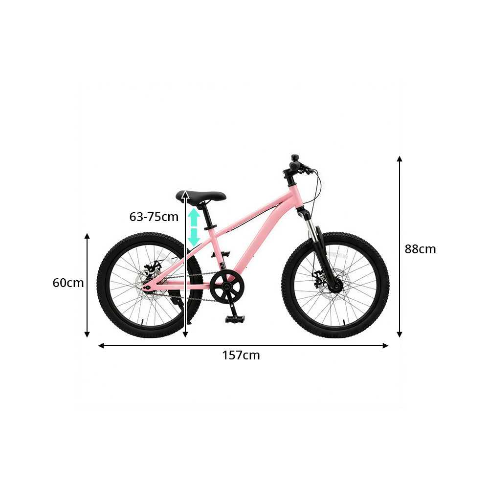 VOLTUS 20/24 Inch Youth Mountain Bike with Single-Speed Drive, Dual Disc Brakes and Suspension Fork for Outdoor Riding - Pink